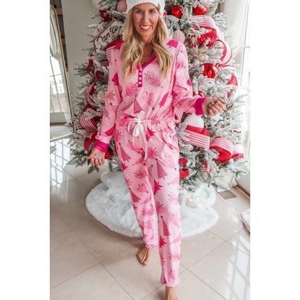 Pink Christmas Tree Print V Neck Buttoned Pullover and Drawstring Pants Lounge S