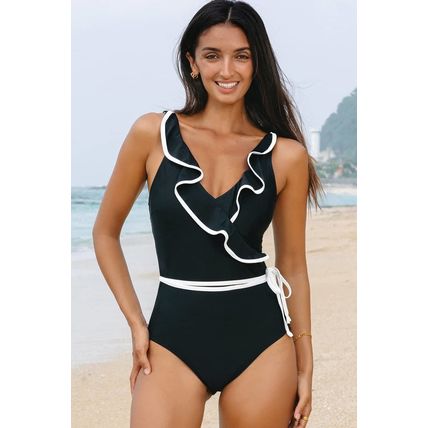 Black Color Contrast Ruffled Wrap V Neck Swimsuit