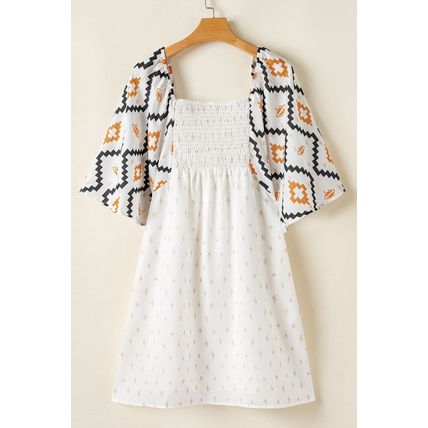 Beige Western Aztec Print Pleated Square Neck Loose Mini Dress