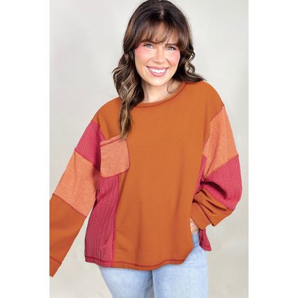Orange Textured Knit Color Block Patchwork Chest Pocket Plus Size Top