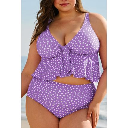Purple Plus Size Polka Dot Print Ruffled Knotted V Neck Tankini Set