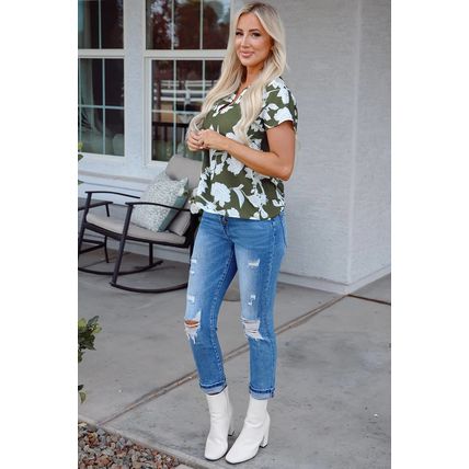 Green Floral Print Split Neck Short Sleeve Blouse