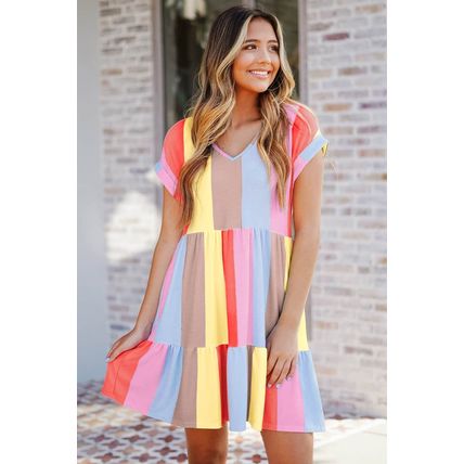 Red Multicolor Striped Color Block Tiered Mini Dress