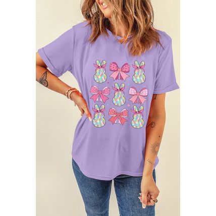 Wisteria Dotty Bowknot Bunny Graphic Crewneck Easter Fashion T Shirt