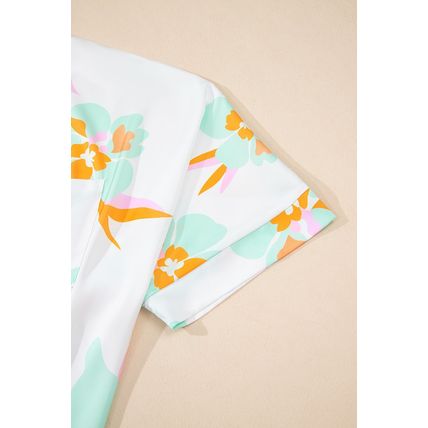 Green Floral Print Loose Fit V Neck Half Sleeve Blouse