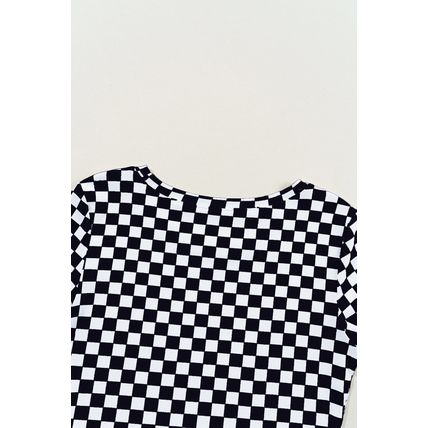 Black Checkered Ribbed Slim Fit Crew Neck T Shirt