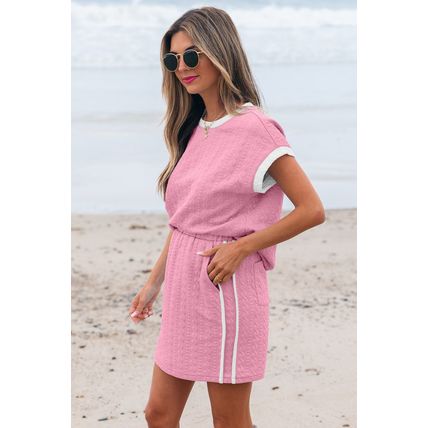 Pink Contrast Trim Textured Crewneck Tee and Pocketed Skirt Set