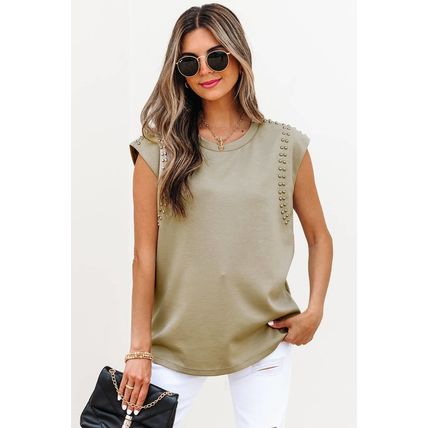 Sage Green Studded Cap Sleeve Round Neck T Shirt