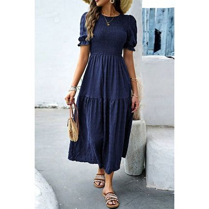 Sail Blue Solid Textured Smocked Puff Short Sleeve High Waist Long Dress