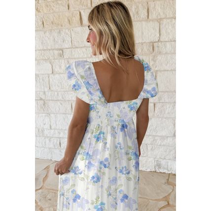 Sky Blue Floral Smocked High Waist Double Ruffle Sleeveless Long Dress