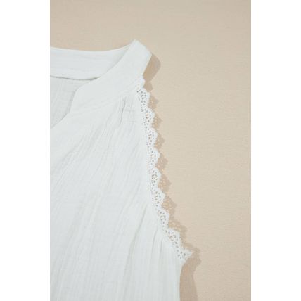 White Textured Lace Trim Pure Cotton Sleeveless Top