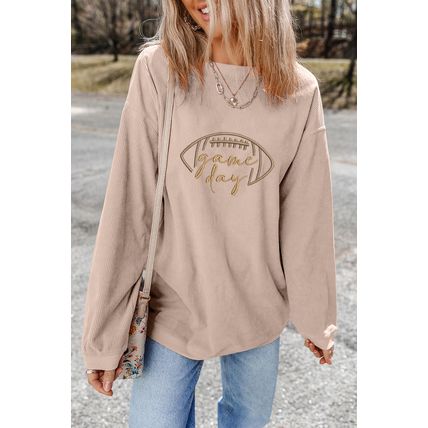 Apricot Rugby Game Day Embroidered Corduroy Sweatshirt