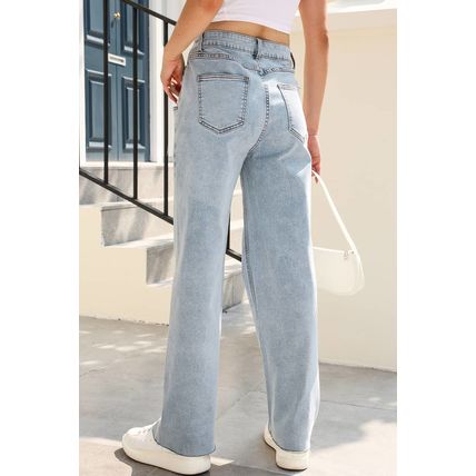 Sky Blue Mid Rise Asymmetrical Waist Wide Leg Jeans