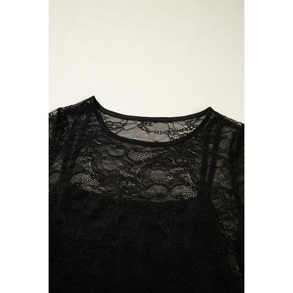 Black Lace Crochet Mesh Patched Slim Fit Long Sleeve Top