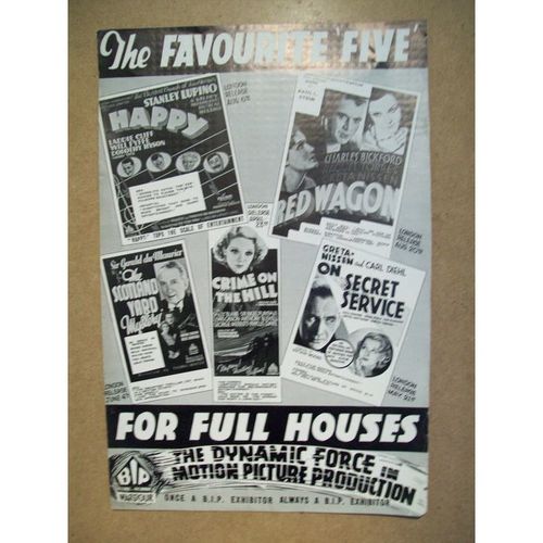 B.I.P. "Favourite Five" inc. HAPPY, ON SECRET SERVICE 1934 "Kine Weekly " Advert