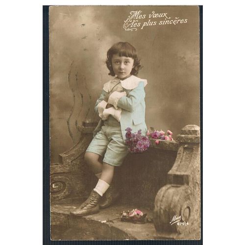 TINTED FRENCH POSTCARD BY MUG YOUNG BOY SENDS SINCERE BEST WISHES 1920