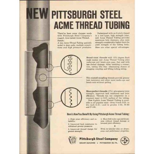 PITTSBURGH STEEL COMPANY 1962 new Acme thread tubing pipe vintage ad