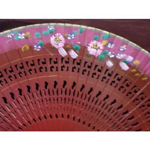 Wood Handpainted Hand Fan - Deep Burgundy with Pink flowers