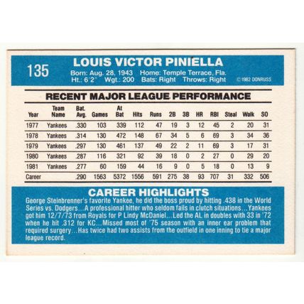 1982 Donruss baseball card 135 Lou Piniella