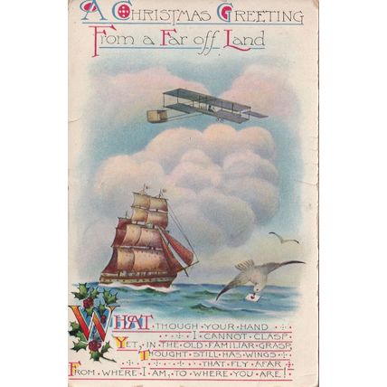 Seagull Carrying Playing Card By Glider Plane Ship Old Postcard