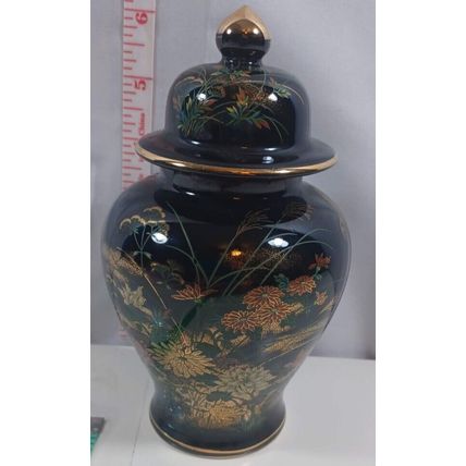 Vintage Fine China Black Jar Japan Flowers Gold Rim & Lid Button Vase 6 Inch