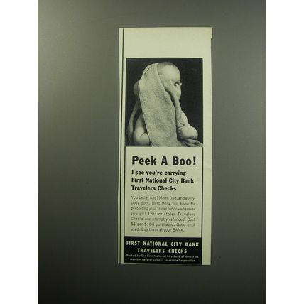 1957 First National City Bank Travelers Checks Ad - Peek a boo!