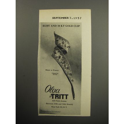 1957 Olga Tritt Jewelry Advertisement - Ruby and 18 kt gold clip