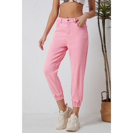 Pink Acid Wash Elastic Cuffed High Waist Jeans