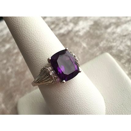 Lusaka Amethyst & White Zircon Solitaire Accents Ring Size R Platinum 925 Silver