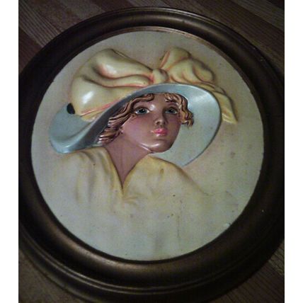 Fancy Yellow hat Lady 1920s look ceramic 3D framed
