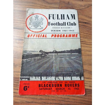 1961/62 Fulham vs Blackburn - FA Cup Querter Final, 10/3/1962 ** FREE P&P **