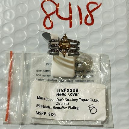 NIB Bomb Party Sz8 BP Ring RBP8229 Hello Lover Dk Smokey Topaz CZ Hematite Pl