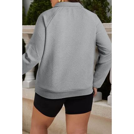 Light Grey Textured Snap Buttons Pullover Plus Size Sweatshirt