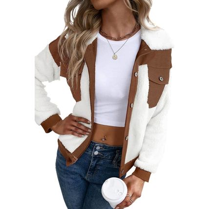 Chestnut Corduroy Color Block Contrast Patchwork Fuzzy Jacket