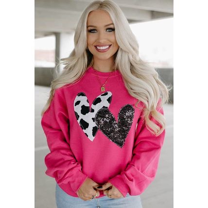 Strawberry Pink Cow & Sequin Double Heart Patch Graphic Sweatshirt