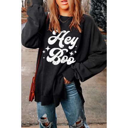 Black Hey Boo Print Drop Sleeve Side Split Oversized Sweatshirt