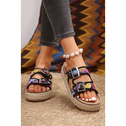 Black Paisley Print Double-Buckle Wedge Slippers
