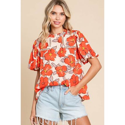 Orange Floral Bubble Sleeve Frill Neck Loose Blouse