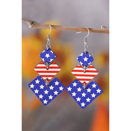 Dark Blue Geometric Wooden Star Stripe Flag Dangle Earrings