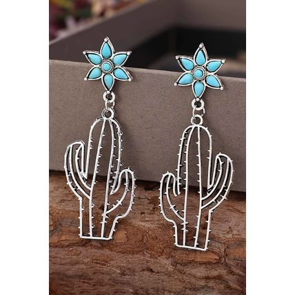 Silvery Western Turquoise Flower Cactus Dangle Earrings