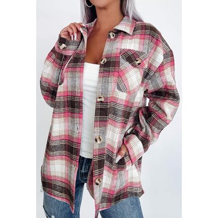 Pink Plaid Flap Pocket Button Up Shacket
