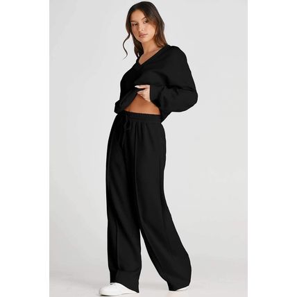 Black V Neck Cropped Seamed High Waist Sports Wear