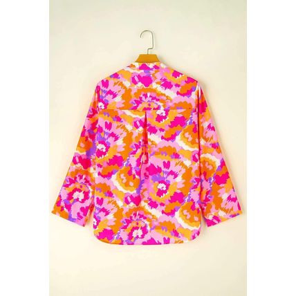 Pink Abstract Print Tab Sleeve Notched Neck Blouse