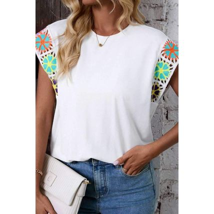 White Floral Crochet Sleeve Crew Neck Top