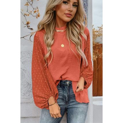 Russet Orange Swiss Dot Balloon Sleeve Loose Blouse