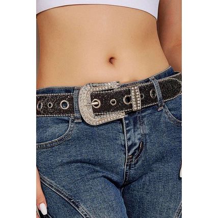 Black Rhinestone Decorated Buckle Belt
