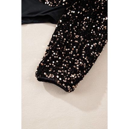 Black Deep V Back Sequin Puff Sleeve Bodysuit