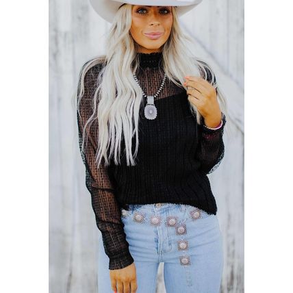 Black Dotty Lace Sheer Mock Neck Long Sleeve Blouse