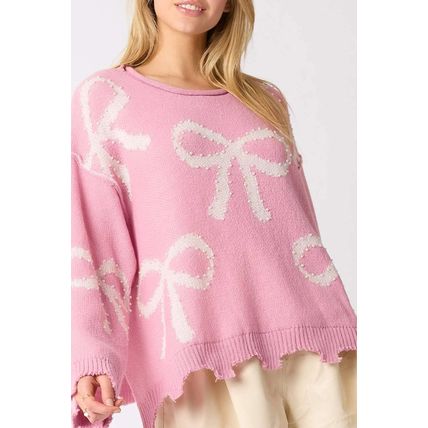 Pink Pearl Beaded Bowknot Pattern Distressed Split Hem Sweater