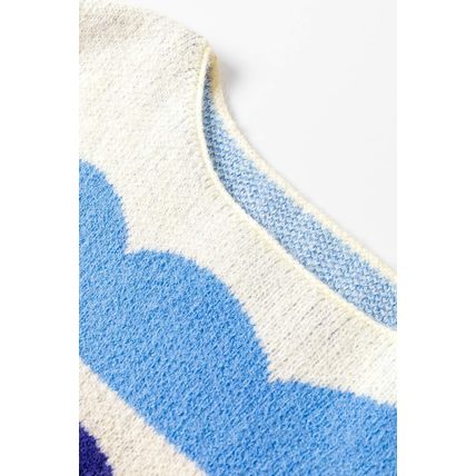 Dark Blue Wave Striped Balloon Sleeve Drop Shoulder Sweater